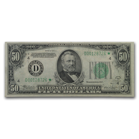1934-C* (D-Cleveland) $50 FRN AU (Light Green Seal, Star Note) 1934-C* (D-Cleveland) $50 FRN AU (Light Green Seal, Star Note)